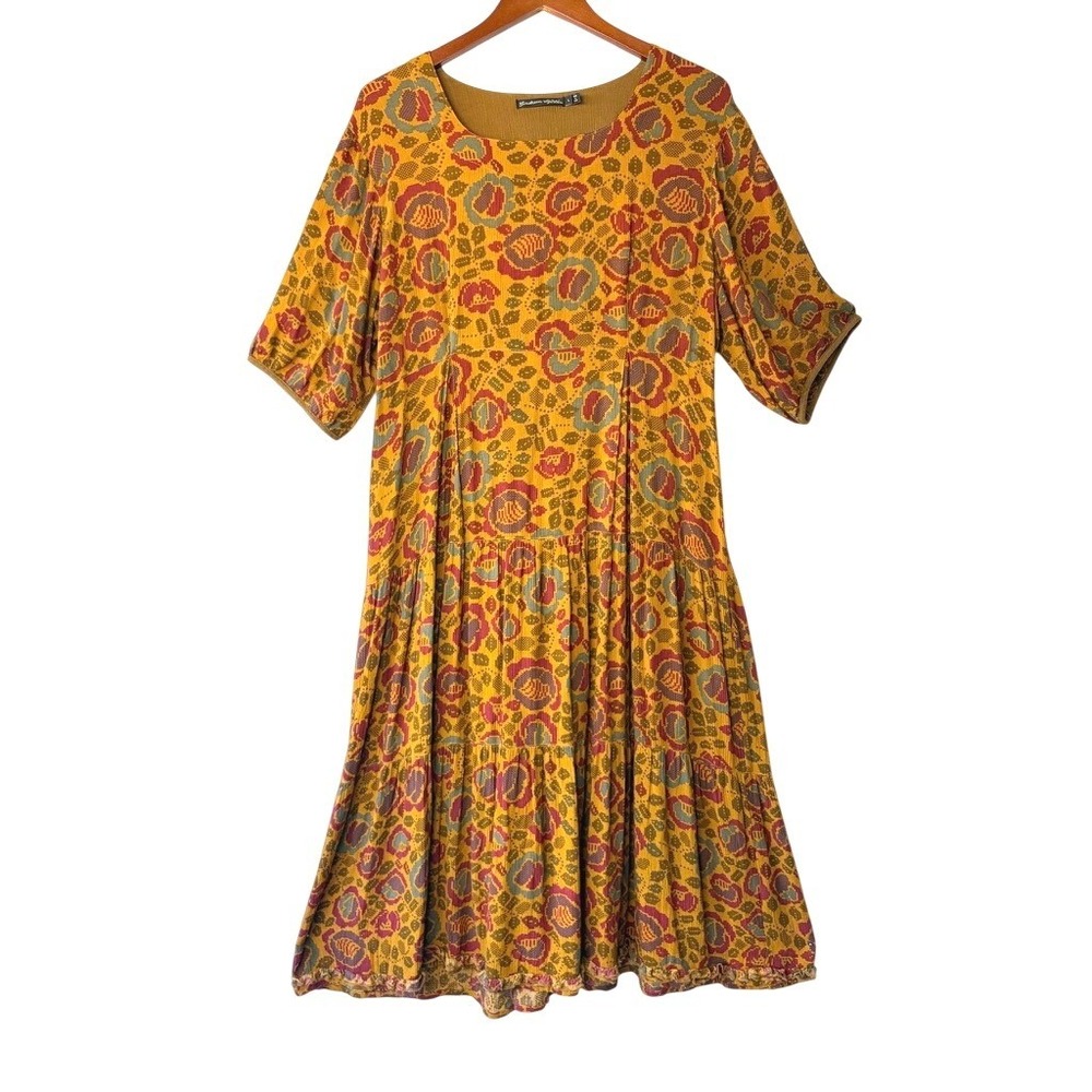Gudrun Sjoden Large Yellow Floral Viscose Tiered Lagenlook Midi Dress Boho Artsy